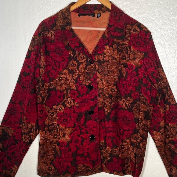Vintage-Inspired XL Red  Brown Floral Button-Up Blazer Jacket BRIGGS NEW YORK - Picture 1 of 16